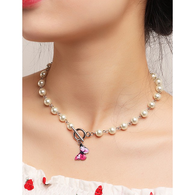 LRC Kalung Fashion White Chain Pearl Drop Oil Butterfly Multilayer K45803