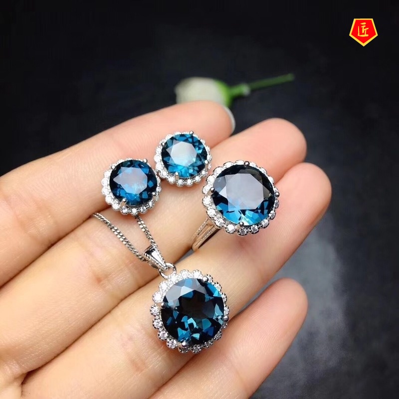 [Ready Stock]4 Karat New Sapphire Necklace Set Rings Stud Earrings