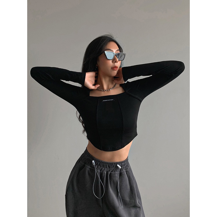 Kaos Lengan Panjang Wanita Atasan Crop Top Korean Style