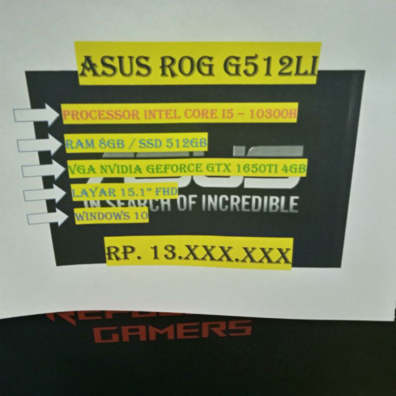 ASUS ROG G512LI I5 10300H 8GB SSD 512GB GTX1650TI 4GB