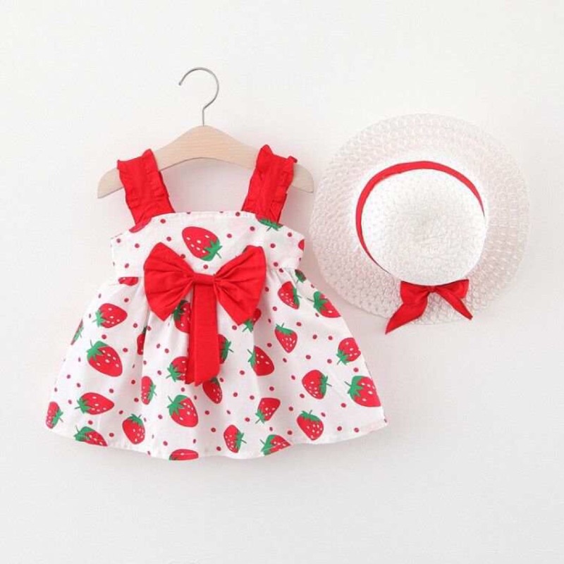 Dress Anak Perempuan Bahan Katun Import Free Topi Lucu Rok Terusan Anak Gambar Strawberry Dress Anak Musim Panas Lucu Dengan Topi