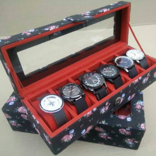 Box Jam Tangan Kotak Jam Tangan Isi 6 Motif BUNGA HITAM / Watches Box Organizer