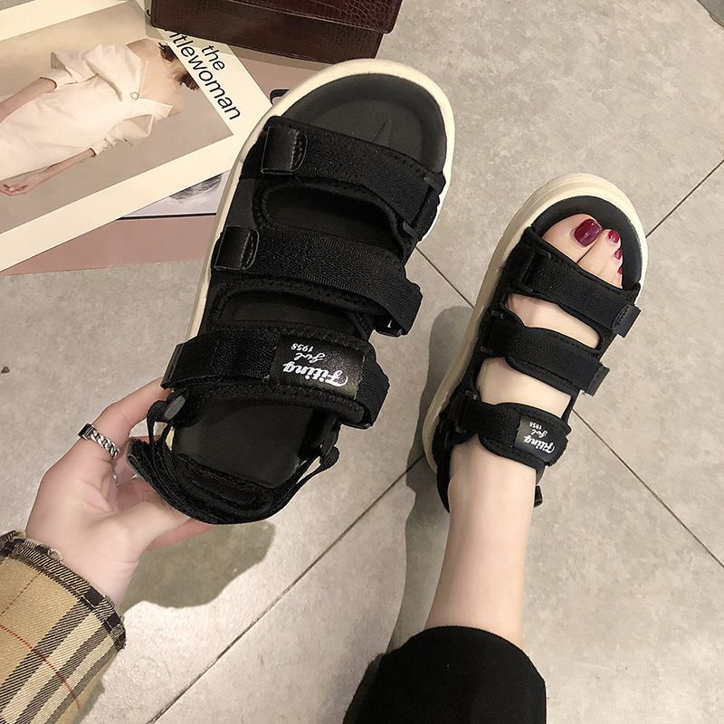 [littlecrab] Sandal Gunung Hitam Putih Cream Sandal Wanita Berkualitas Hak Tinggi Sandal Tali Tiga Selop Kasual Kekinian Triple Strap Korean Style