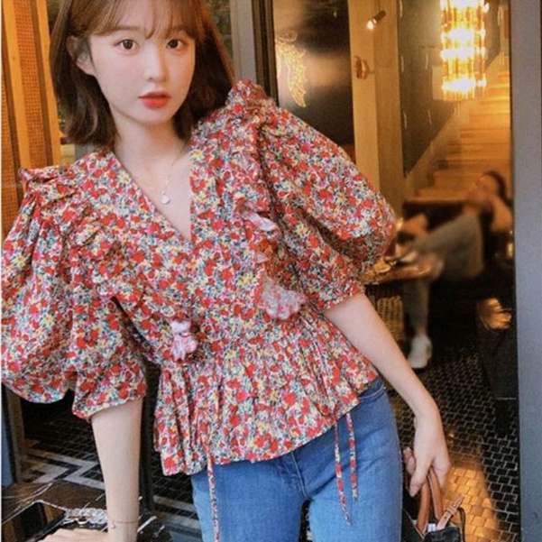 7692 Baju atasan blouse Vneck ruffle lengan pendek baloon puff Sleeve top Korea Korean style motif b