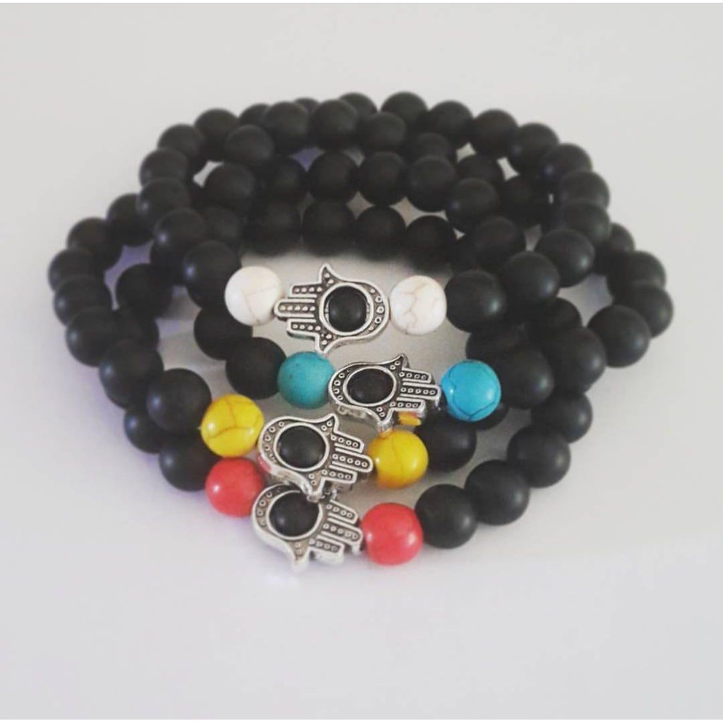 Gelang Batu Onyx Pirus Hamsa 8mm / Gelang Simbol Hand Of Fatima / Gelang Unisex