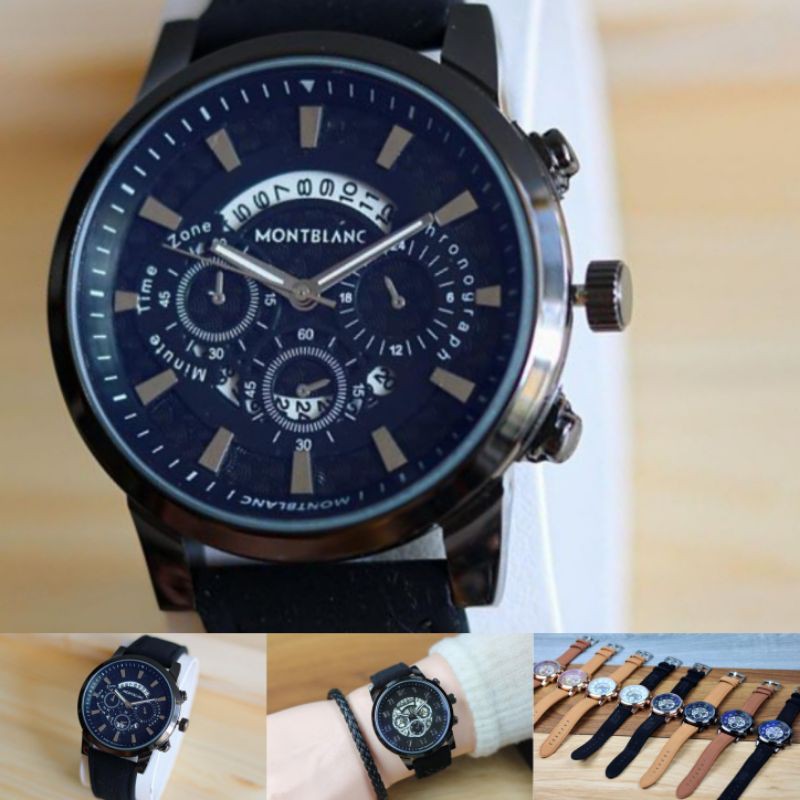 Jam Tangan Analog Pria Montblanc Texas Chronograph Variasi Tali Kulit Free Gelang