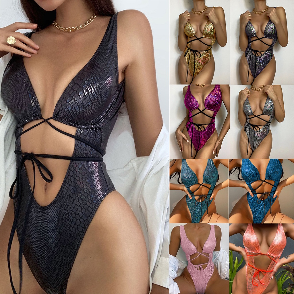 2022 new one-piece swimsuit female sense backless sleeveless European and American lace-up swimsuit 