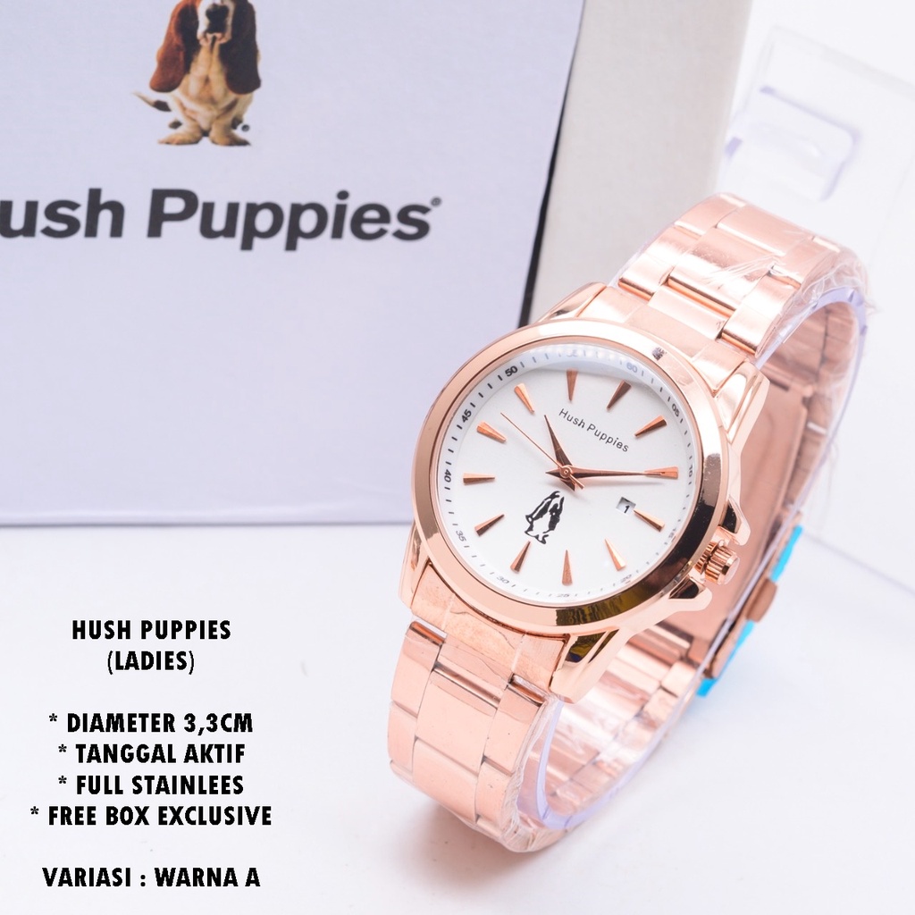 (BISA COD) JAM TANGAN WANITA HUSH PUPPIES H-069 RANTAI BODY BULAT TANGGAL AKTIF