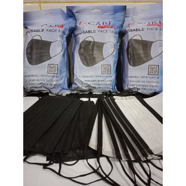 Masker Hitam 3ply Earloop isi 50 Pcs iCare Chasa Black-White Edition izin Kemenkes