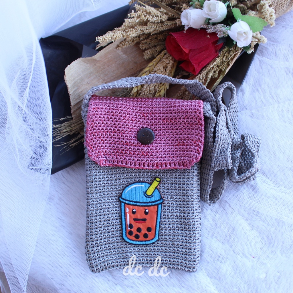 tas hp karakter boba lucu / tas boba rajut unik / slingphone boba semua usia