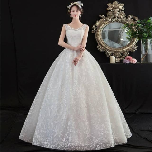 Gaun Pengantin Pesta Pernikahan Putih Elegant Tanpa Lengan Bordir Renda