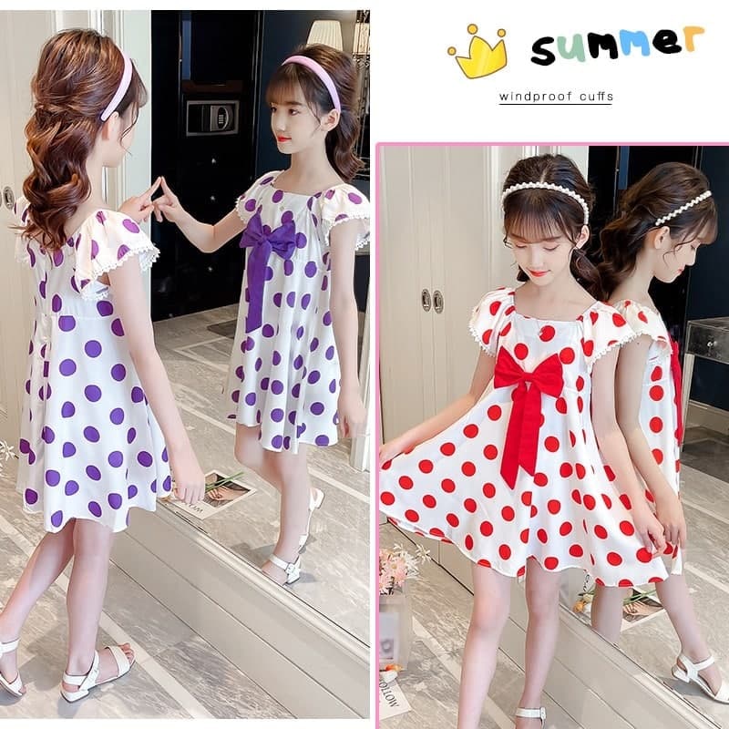 Promo !! Dress anak cewek simple/ dress anak/ dress sale zig zag ribbon polka import uk 3-7th (orange,hitam)