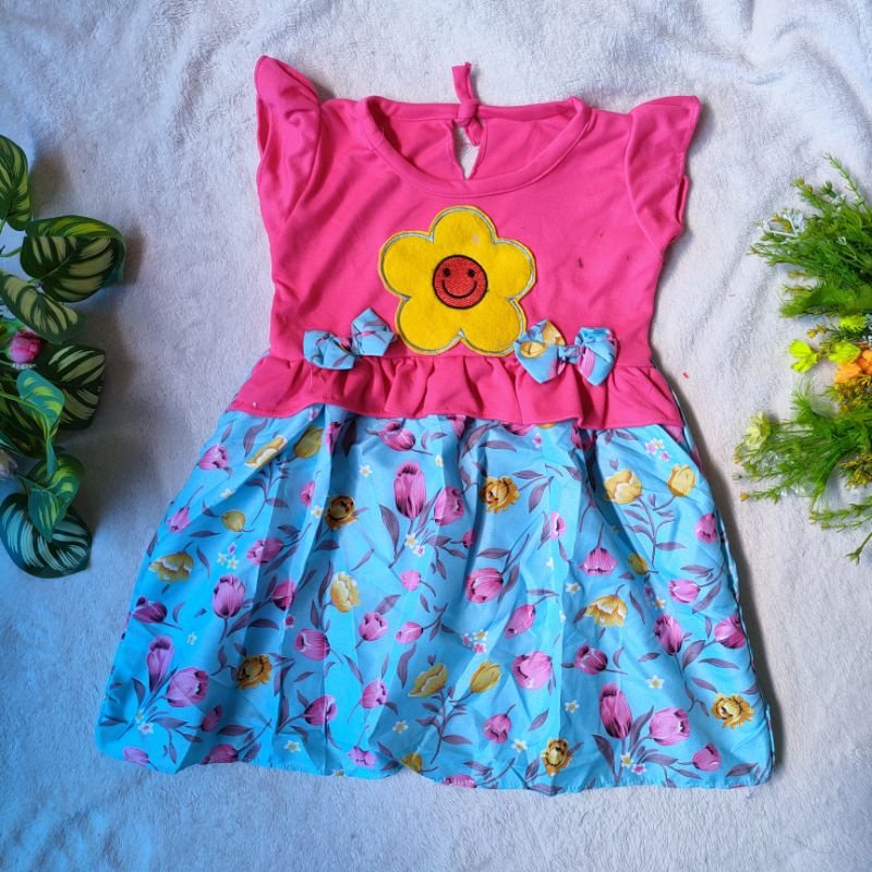 Dress anak cewek 1 2 Tahun perempuan tulip pita kartun smile ( Dress SmileTu)