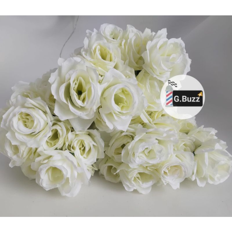 Bunga Mawar Putih Cabang 5 Bahan Kain Dan Plastik - rose jepang -mawar murah - Artificial DekorasiBu