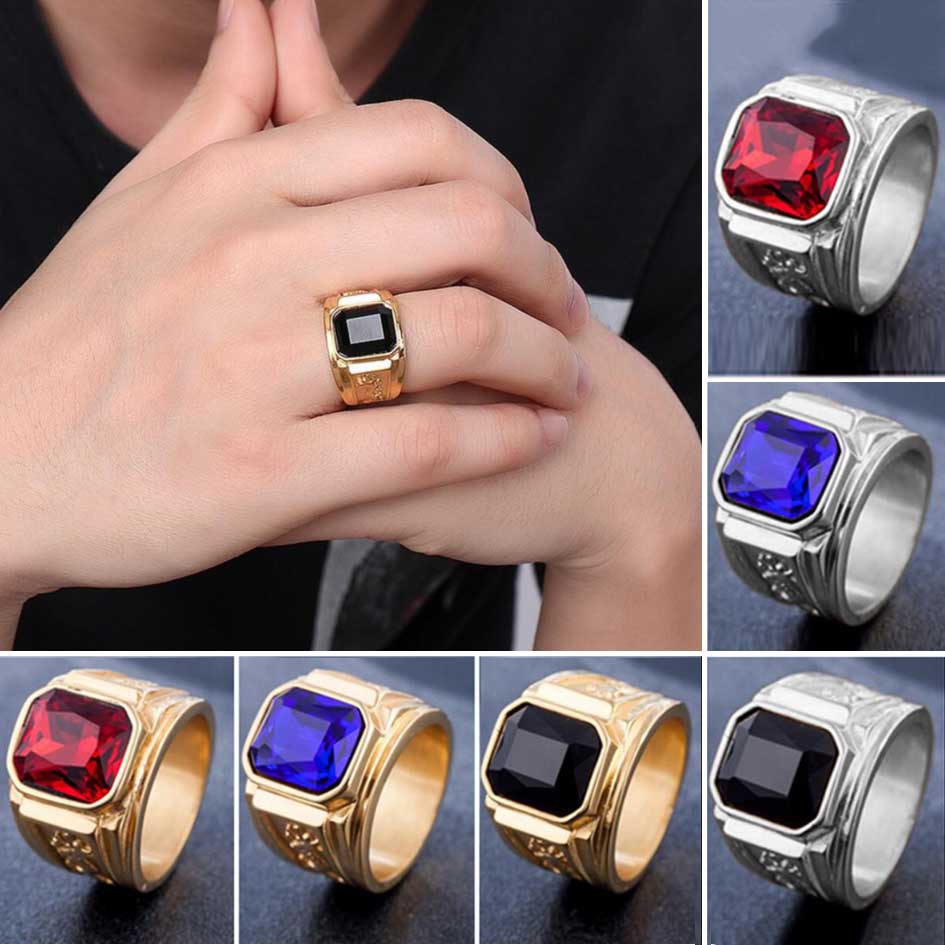 [Cherrye] 3 Kristal Warna Cincin Naga Baja Titanium Perak Emas Pria Wanita Fashion Perhiasan Gold Silver Rings / Safir / Emerald / Batu Permata Hitam / Ruby