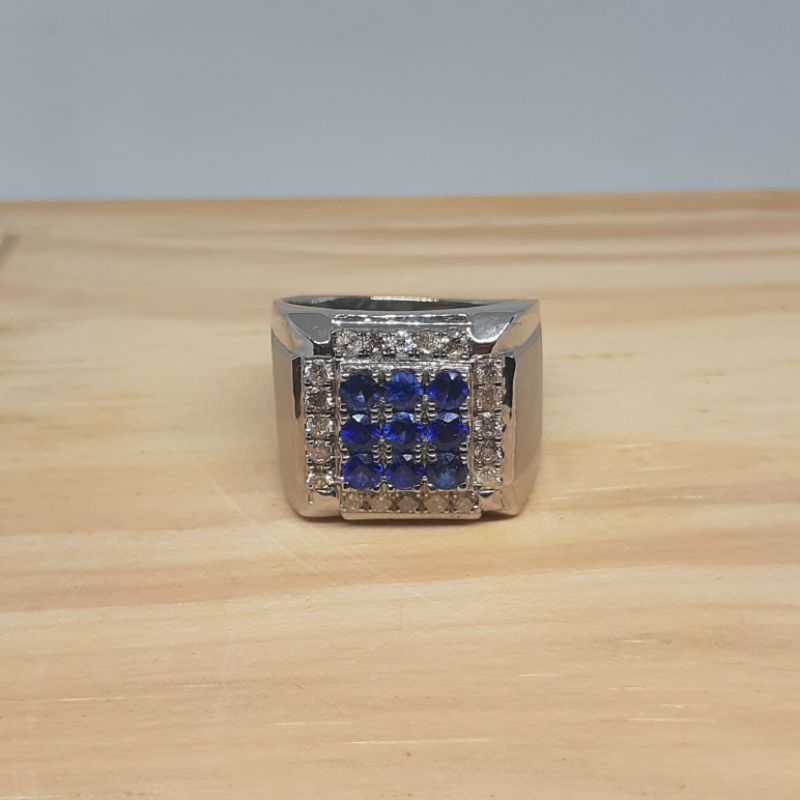 Cincin Perak Pria Berlian Asli Batu Blue Safir