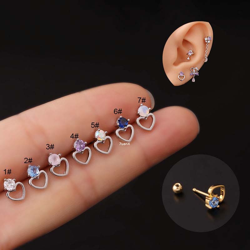 1pc Anting Tindik Tulang Rawan Telinga Bentuk Hati Bahan Stainless Steel 20Gauge Dengan Zircon