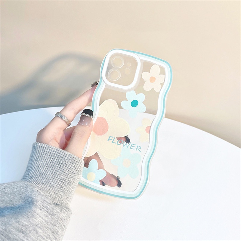 Soft Case Silikon Transparan Motif Bunga Hijau Untuk Compatible for iPhone 14 13 12 11 Pro Max X Xr Xs Max SE iPhone 8 7 6 6s Plus Flower Green Wave Edge Clear Phone Case Soft Silicone Shockproof Phone Protective Cover