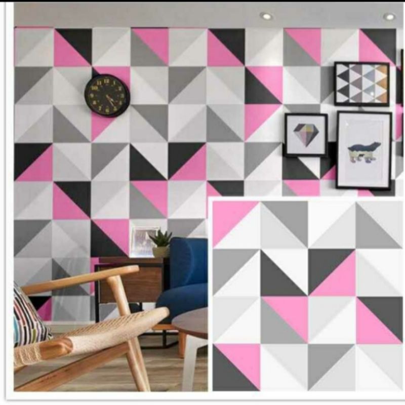 WALLPAPER STIKER DINDING MOTIF SEGI TIGA PINK KOMBINASI