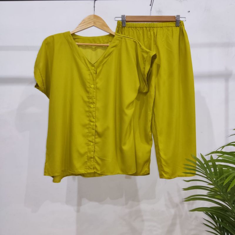 PIYAMA POLOS KANCING | PIYAMA BUSUI | BAJU SANTAI MURAH | HOMEDRESS MURAH | HOMEWEAR MURAH-VN 7/8 LEMON
