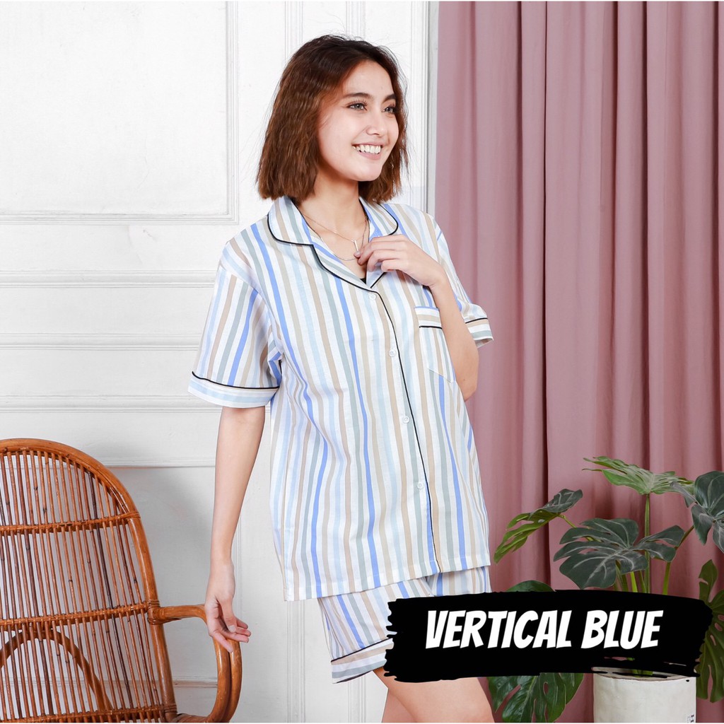 PIYAMA WANITA KATUN GARIS KOTAK POLOS / SQUARE VERTICAL baju tidur pajamas dewasa
