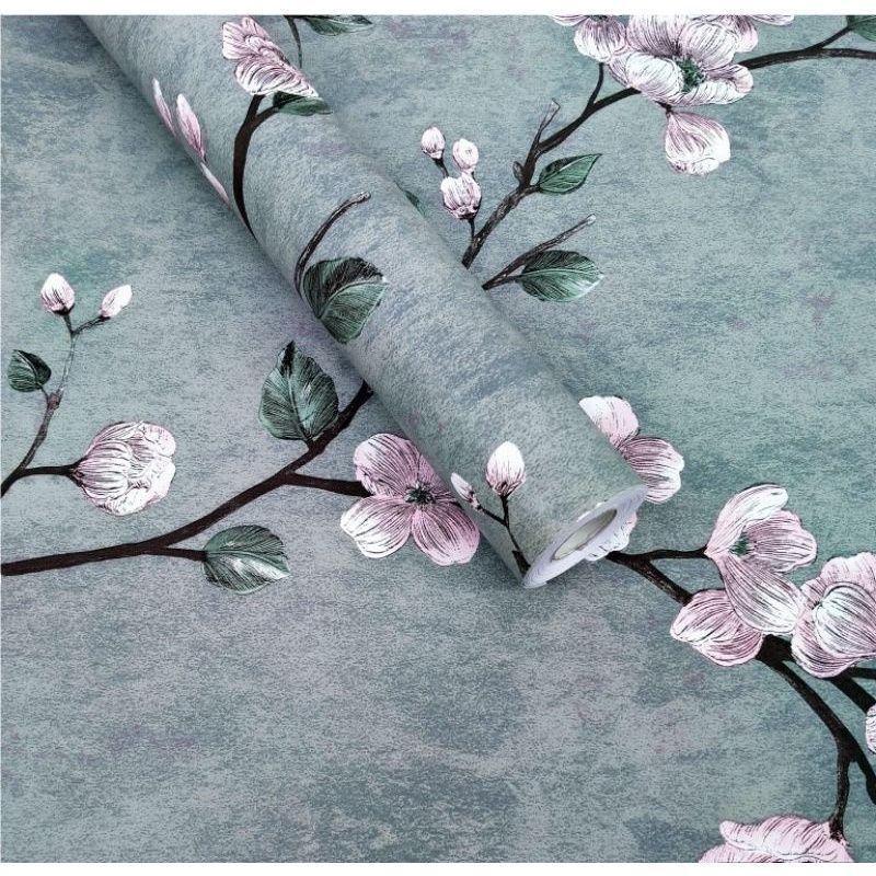 COD ( BAYAR DI TEMPAT ) Wallpaper Sticker Dinding Bertekstur Salur Daun Ungu Pink Putih Cream Biru Abu Hitam Navy Hijau Tosca Kuning Merah Coklat Salur Bunga Batik Batu Bata 3D Kotak Segitiga minimalis Baju Celana Sendal Kaos Gamis Celana Dalam Kosmetik-BUNGA SAKURA ABU