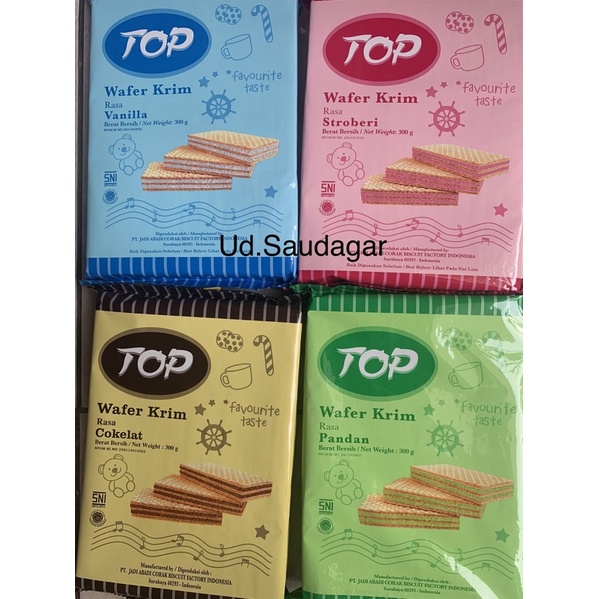 

Top Wafer Krim Cokelat Pandan Vanila Stroberi 300Gr