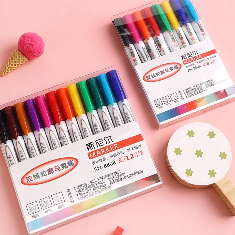 8 / 12 Warna Pena Highlighter Kontur Garis Ganda Glitter Warna-Warni Untuk Siswa