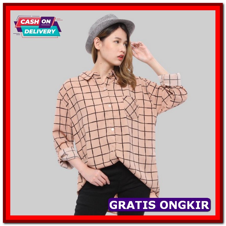 Kemeja Wanita Jumbo Kantor Korean Style Korea Casual Bahan Adem M Qk46 Kemeja Wanita Kotak Kotak Ata