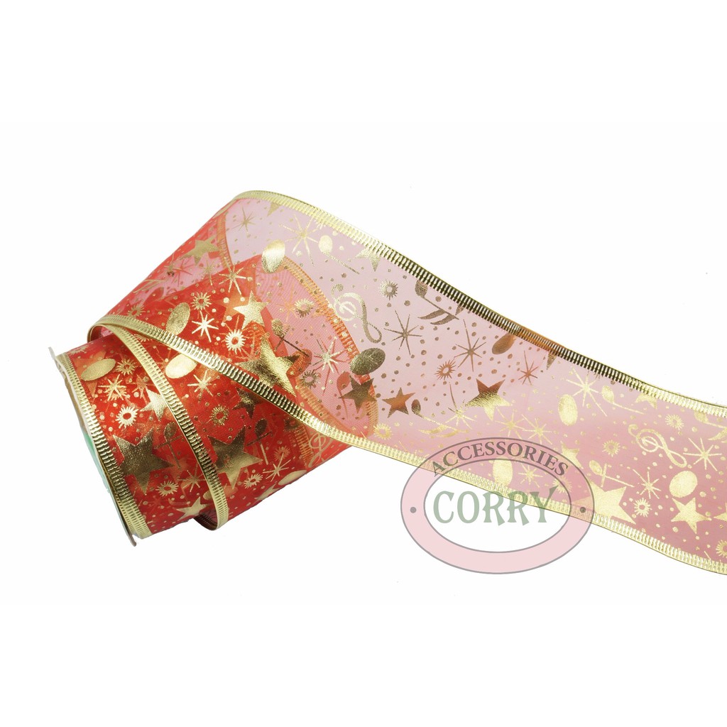 

FRESH Pita hias dekorasi lebaran motif bintang merah gold emas lebar 6 5 cm ISTIMEWA