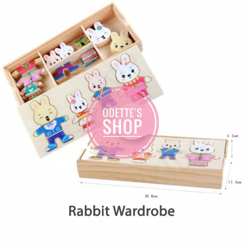Mainan edukasi anak lemari baju kelinci kayu rabbit wardrobe