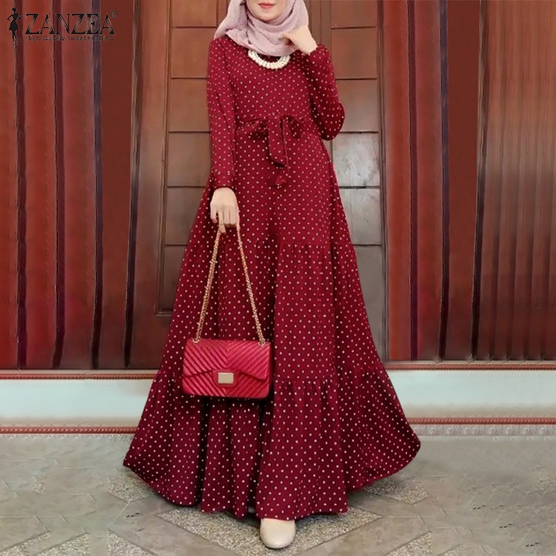 ZANZEA Women Fashion Full Sleeve O Neck Belt Polka Dot Printed Reto Muslim Maxi Dress