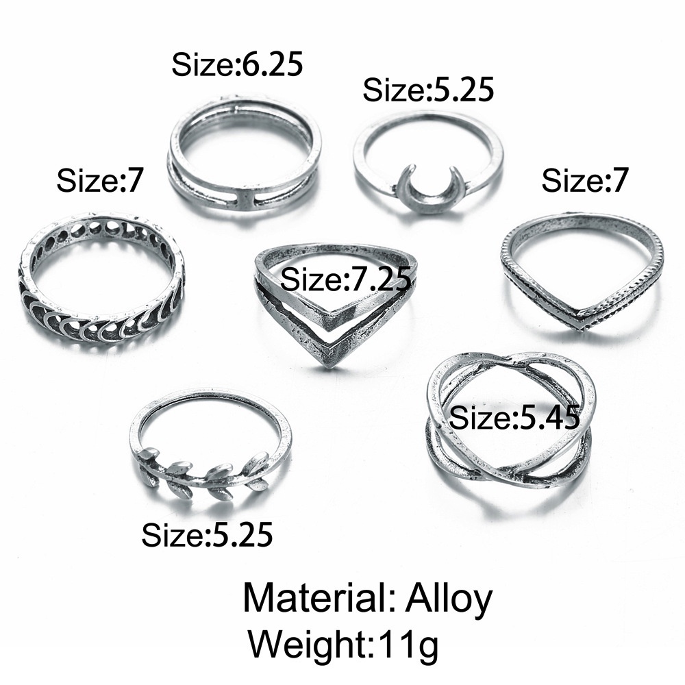 7pcs / Set Cincin Silver Bentuk Bulan Gaya Vintage Untuk Wanita