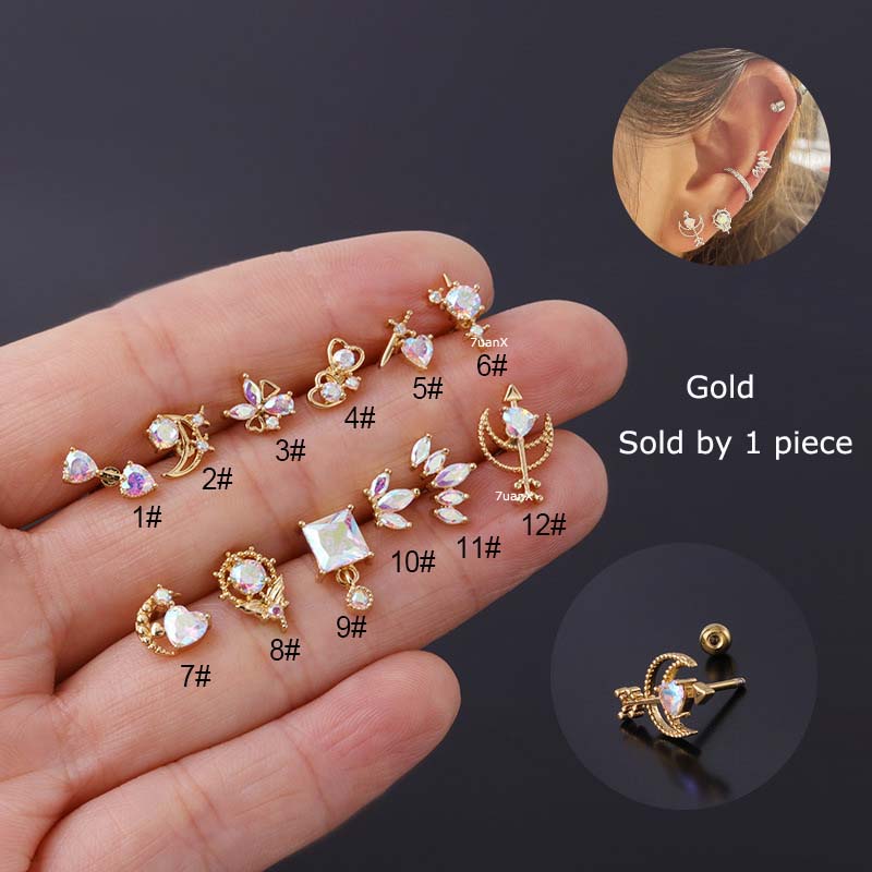 1pc Anting Tindik Bentuk Barbel Bahan Stainless Steel 20 Gage Warna Silver / Gold Dengan Zircon