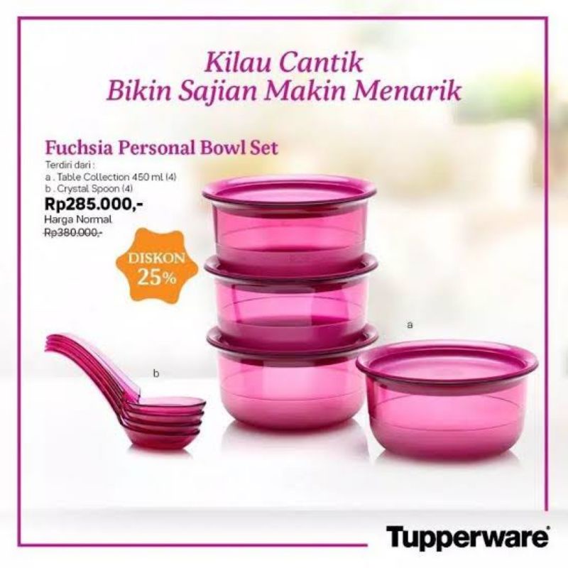 Tupperware Fuchsia Personal Bowl Set (4 Pcs) - Red Magenta // Crystal Clear Mangkuk Wadah Saji Sup S