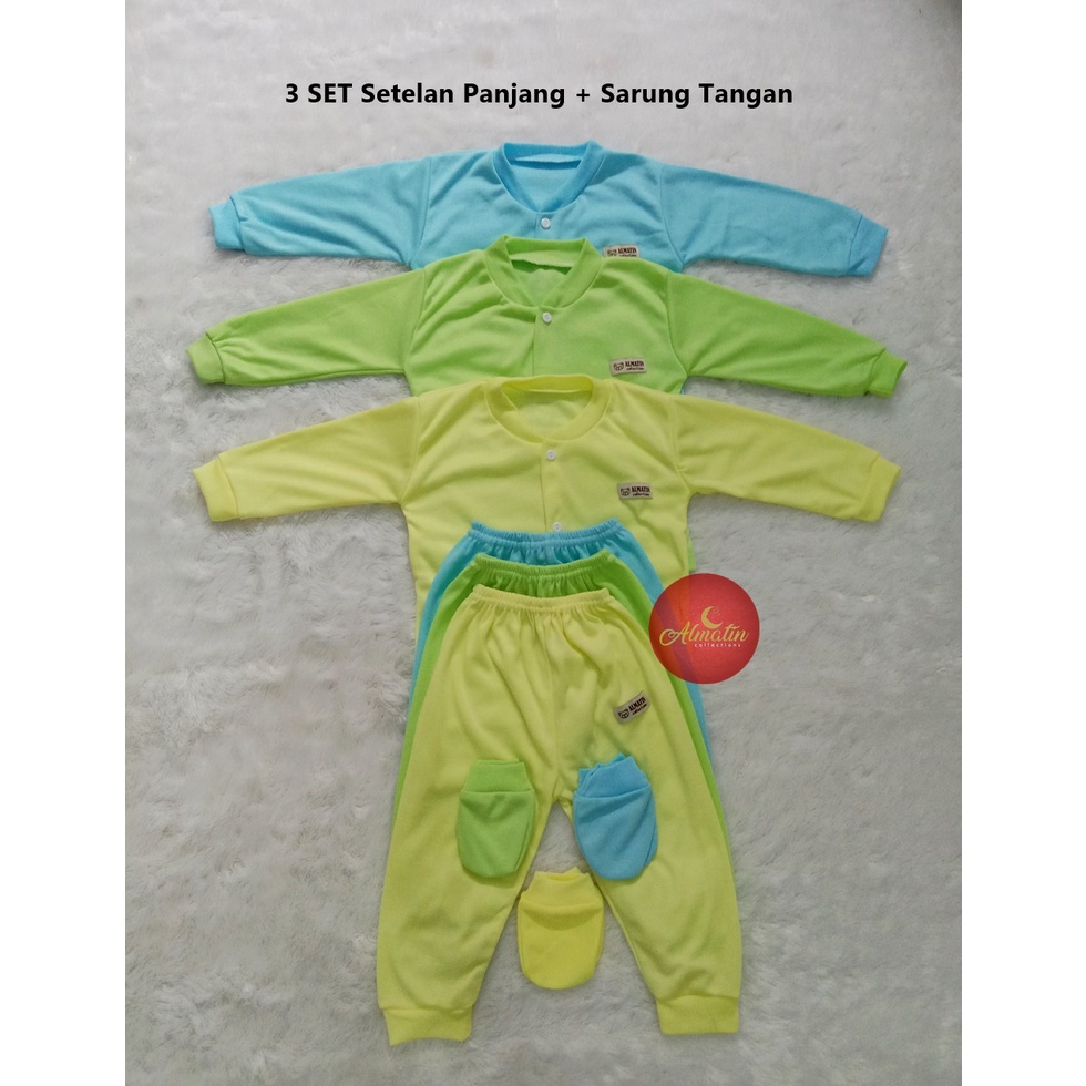 3 Set Setelan Panjang Piyama + Sarung Tangan Bayi / Piyama Panjang Kancing Depan Bayi Merek Almatin