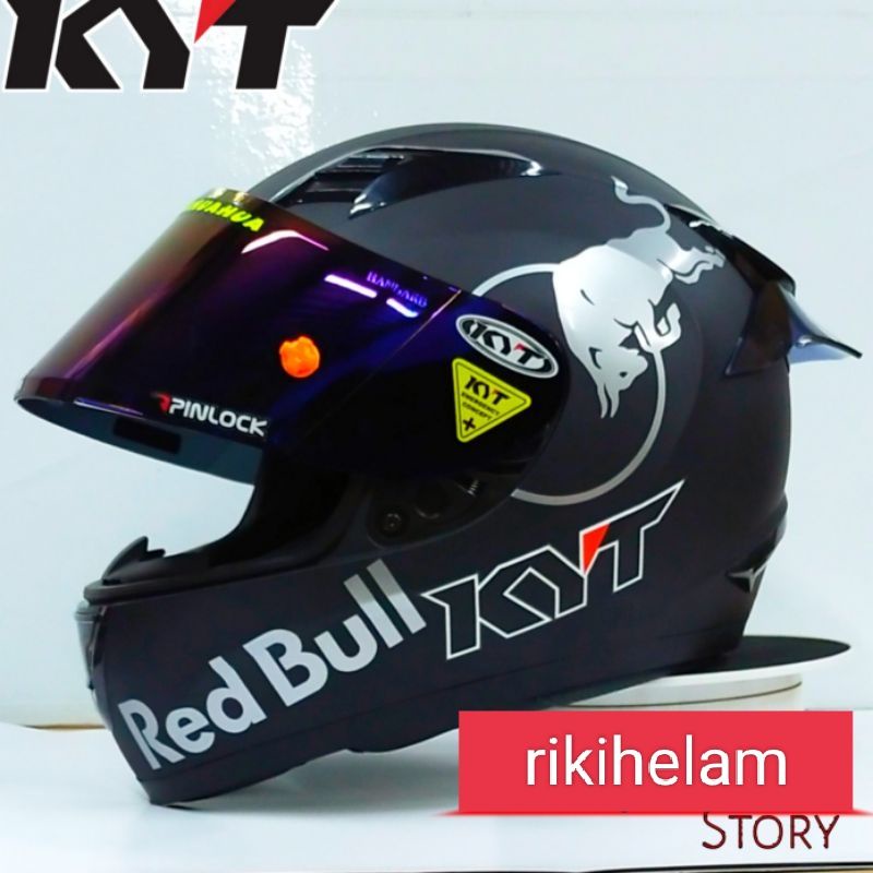 helm full face kyt r10 hitam glossy paket ganteng-Htm dop stker puti