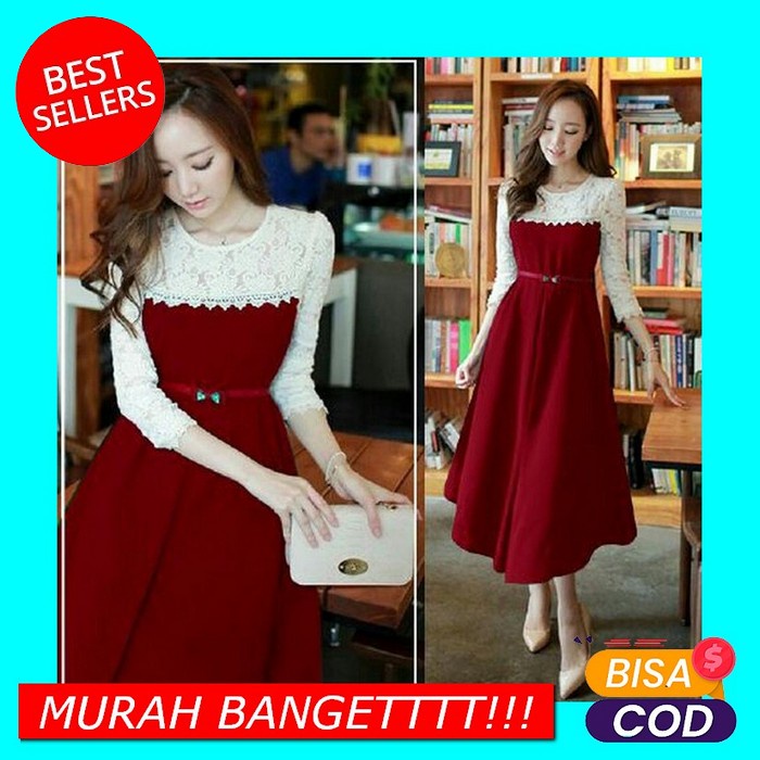 Gaun Dress Natal Remaja Wanita 2021 Mewah Trand Kekinian Model Terbaru [Dress Kori Maron Sl]Dress