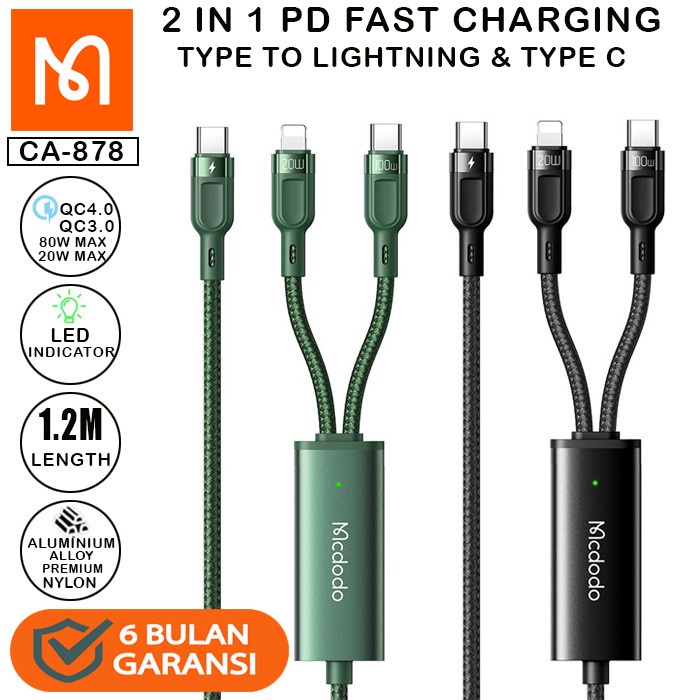 MCDODO CA-878 Kabel Charger USB Type C to Type C + Lightning FAST 100W PD 2 in 1 Cable Type C to Lightning + Type C 1.2M Kabel Type C to Lighting USB C