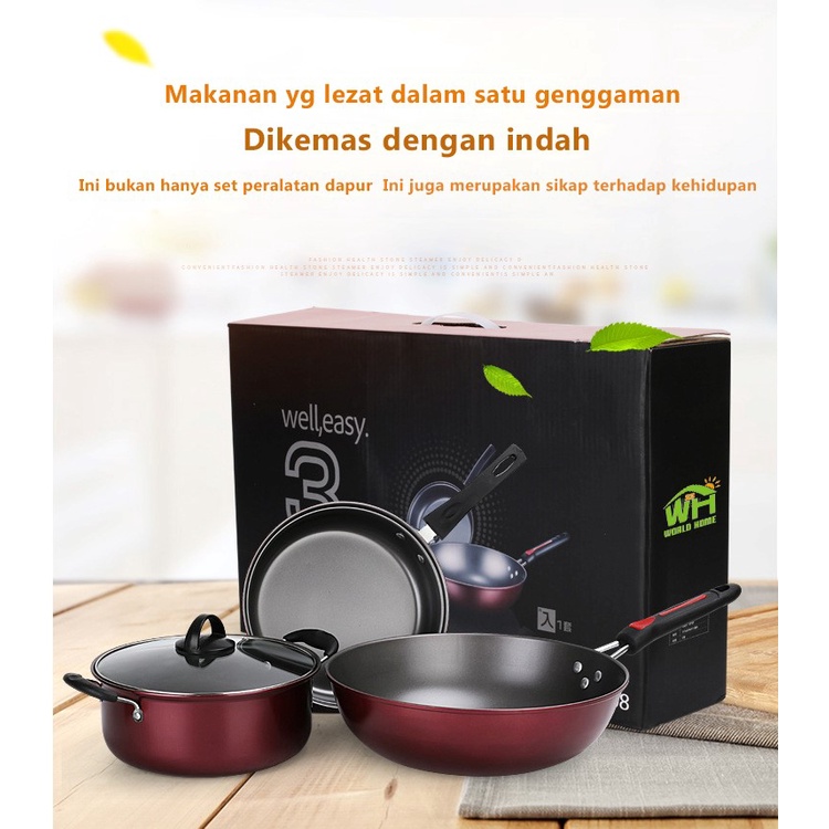 Wajan Enamel Frypan Teflon Anti Lengket Wajan Anti Lengket panci sup teflon frypan tutup kaca Panci set 3 in1 -Wonderdekorasi