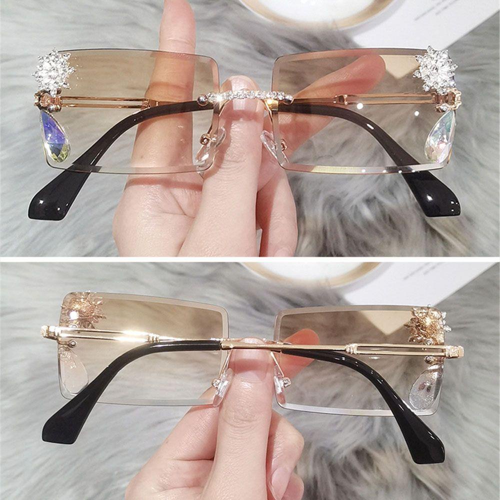 Kacamata Hitam Rimless Pelindung UV Hias Berlian y2k