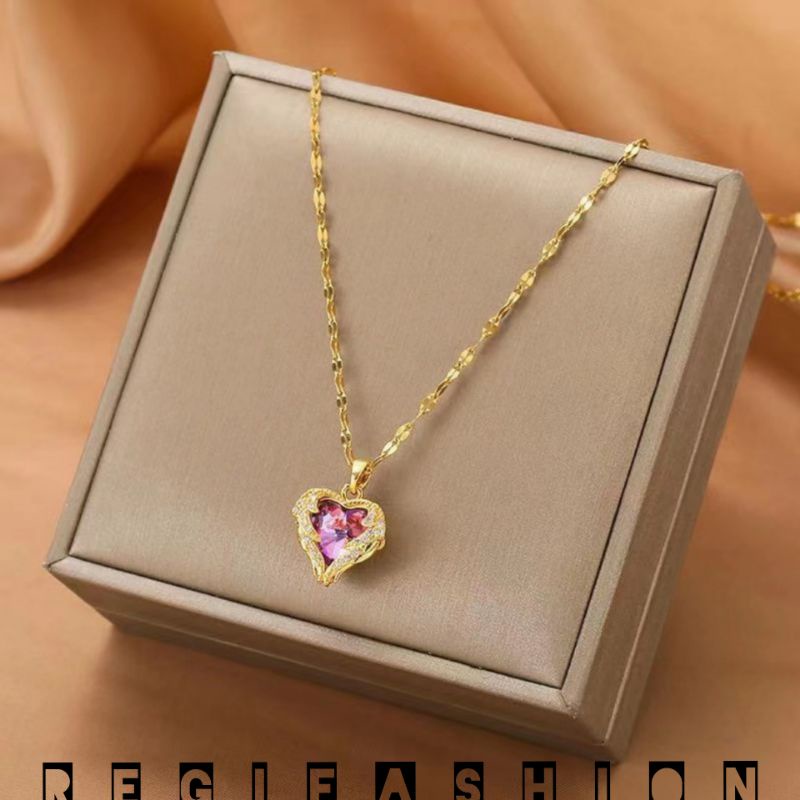 { COD } Kalung Titanium Wanita Terbaru Liontin Love Cristal / Kalung Rantai Wanita Titanium Asli Import / Kalung Wanita Korea Model Terbaru