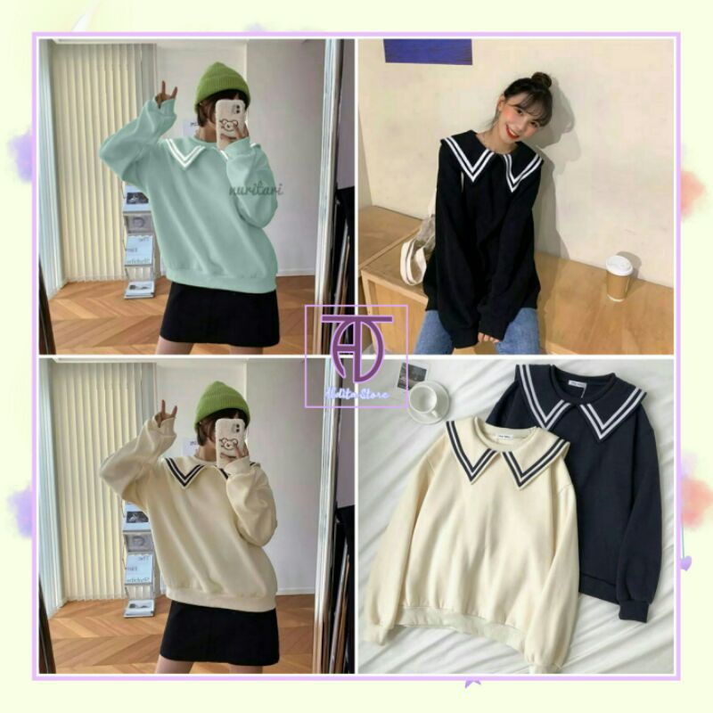 Sweater Crewneck Kerah Korean Japan Style - Pulma Top Sweater [ #ALDITASWEATER ]