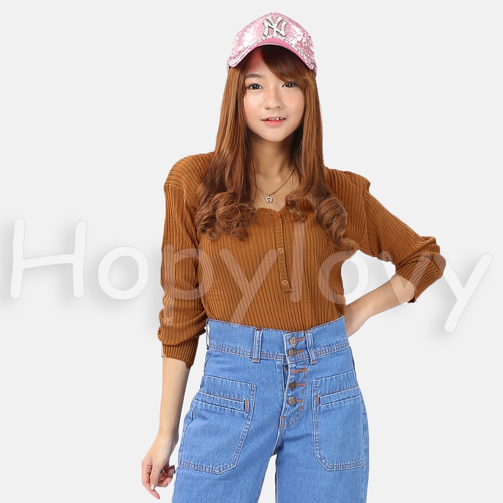 HOPYLOVY - Hebe Atasan Rajut Wanita Three Buttons Arina