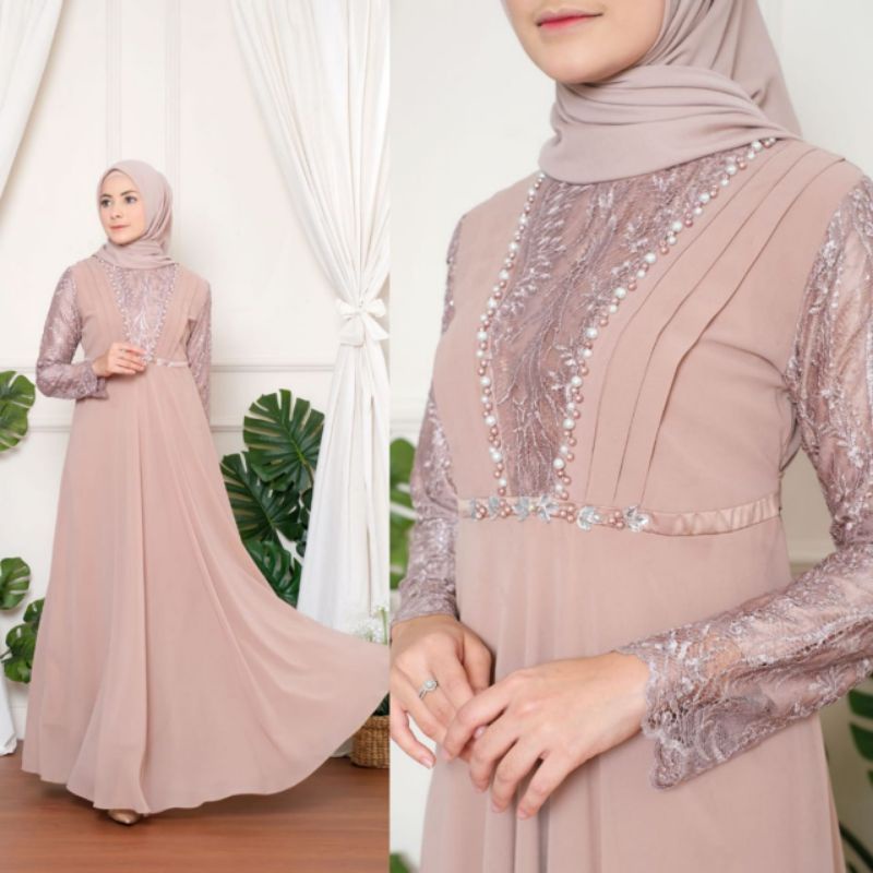 gaun full cruty di lapisi burkat di dada