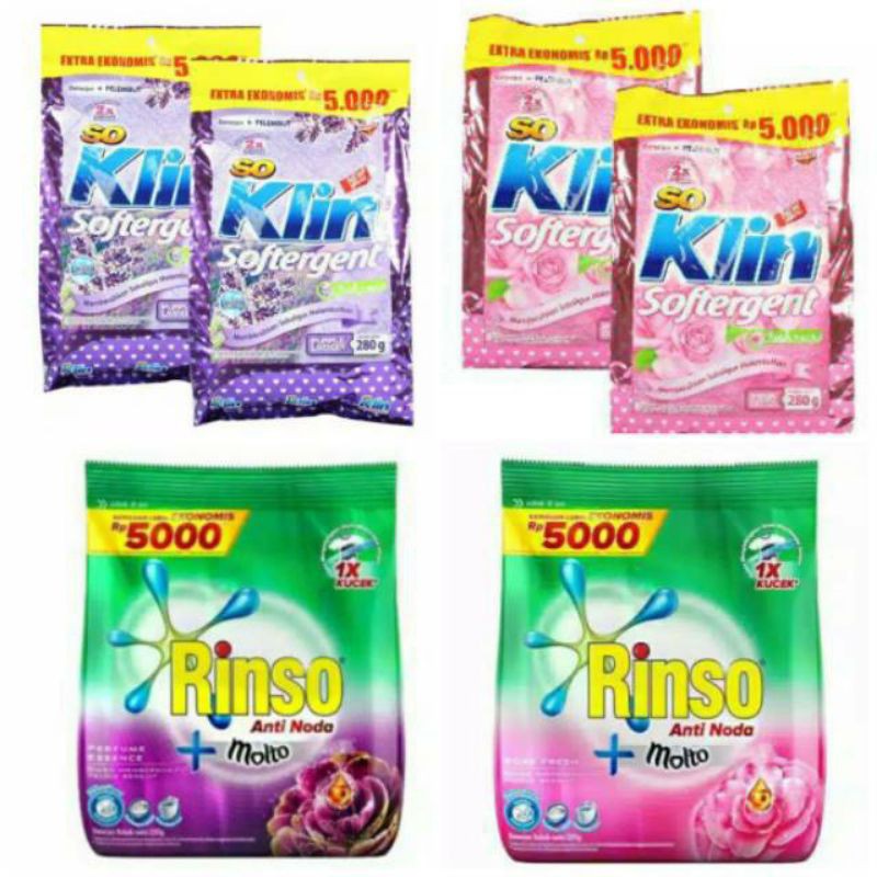 DETERGEN BUBUK KEMASAN EKONOMIS 5000 RINSO ANTI NODA + MOLTO 240 GRAM SOKLIN SOFTERGEN DAIA MURAH