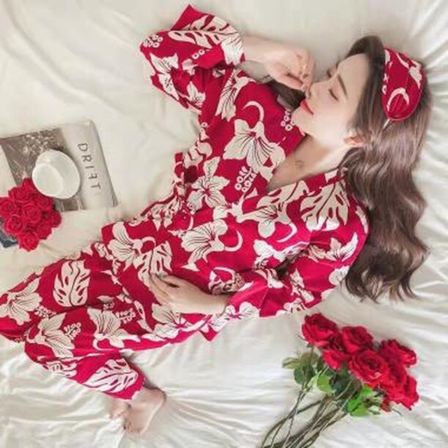 JC- Set Kimono Flower Red PP / Set Kimono tidur Import