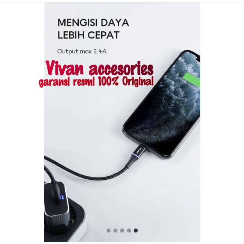 Vivan VDL100 / VDL200 Kabel Data Lightning 2.4A 1M / 2M LED Light  Quick for iPhone iPad Charge