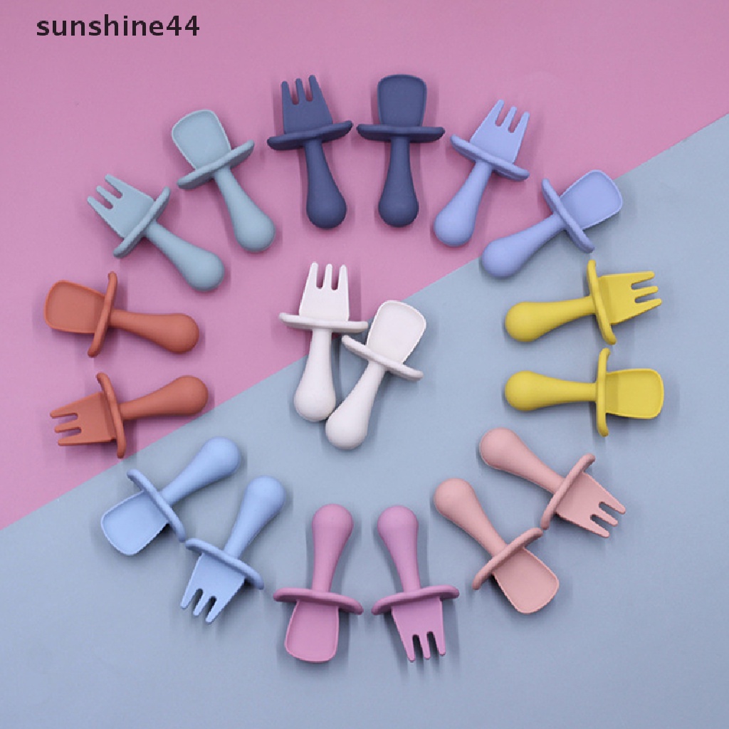 Sunshine 2pcs / Set Sendok + Garpu Bahan Silikon Untuk Anak Belajar Makan