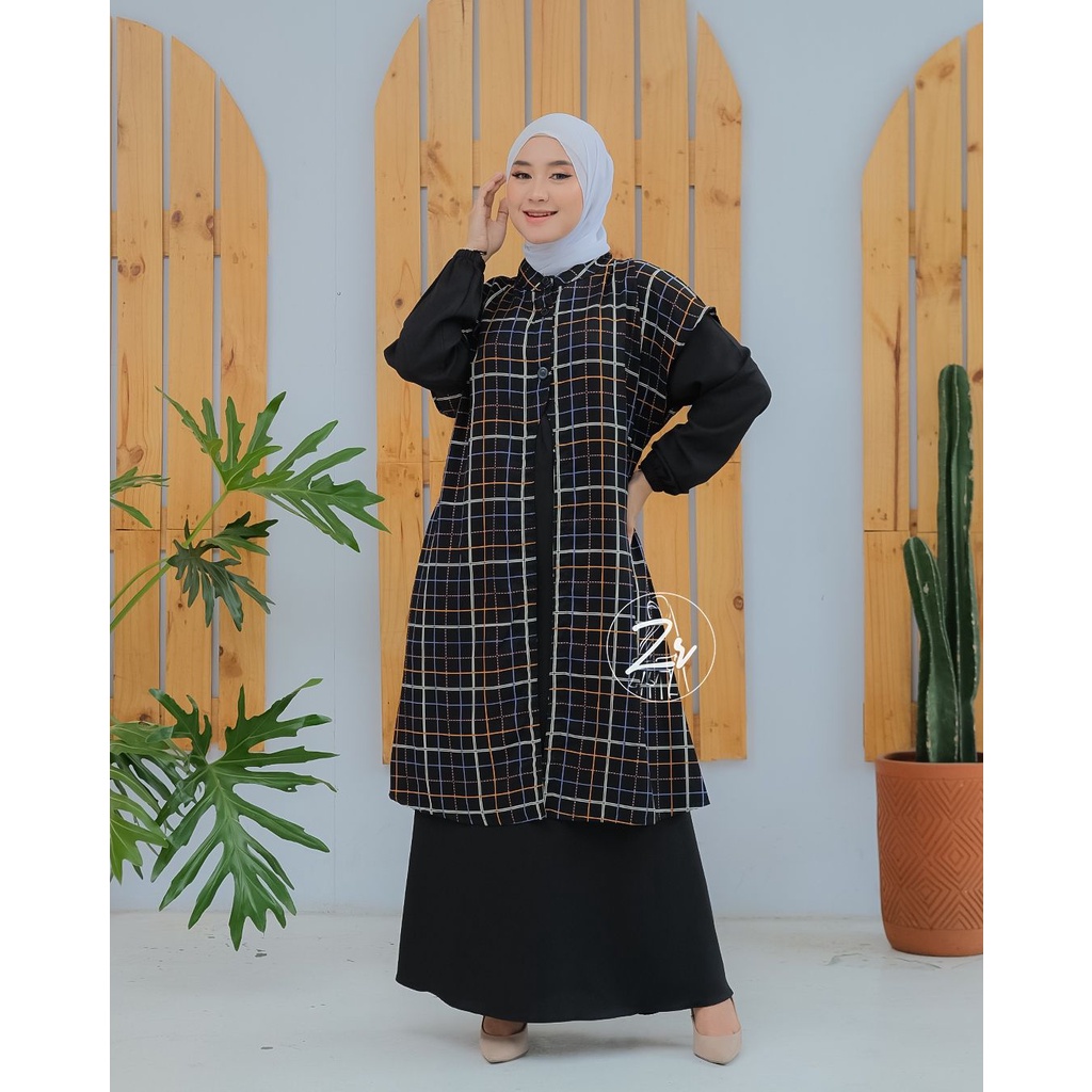 Gamis set outer klarissa ori zr lebaran series motif kotak kotak cantik elegant korea style